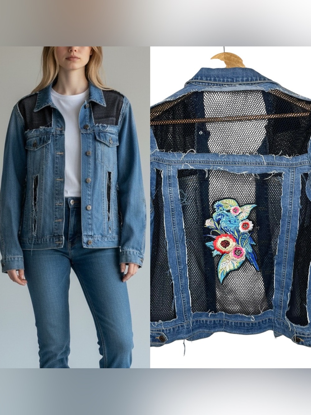 Mebon by Machine Jeans Distressed Denim Jacket Mesh Panel Floral M